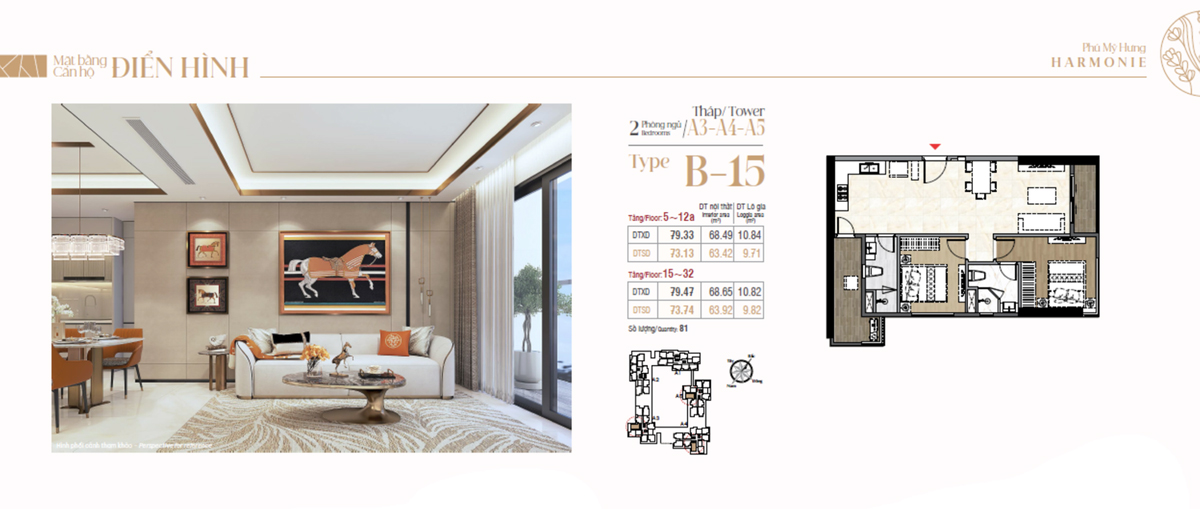 Mặt bằng căn hộ Harmonie 2 PN